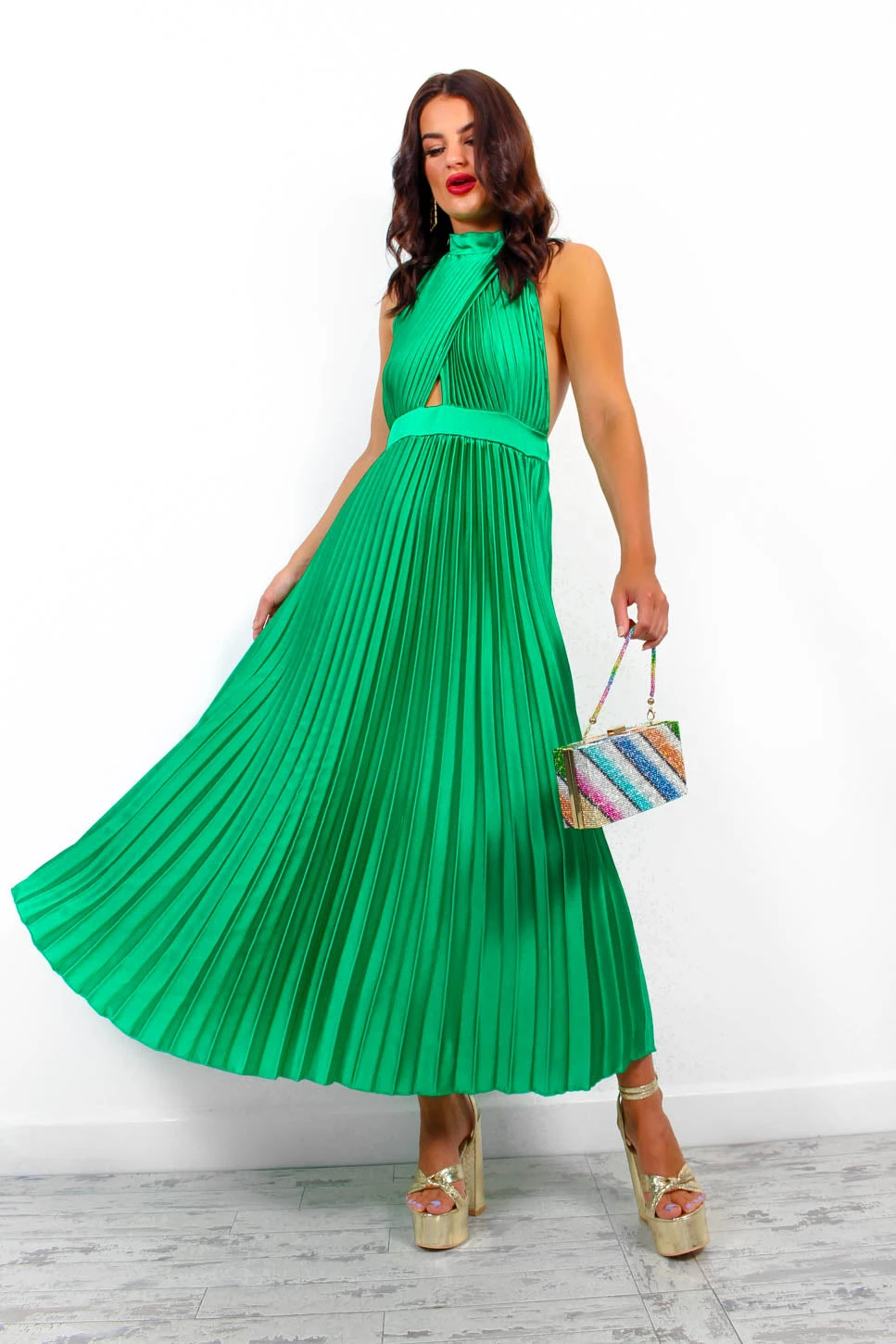 Stolen Moment - Green Halter Neck Pleated Maxi Dress 3 Stolen Moment - Green Halter Neck Pleated Maxi Dress - Image 3