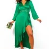 Take Me Out - Emerald Satin Long Sleeve Wrap Maxi Dress
