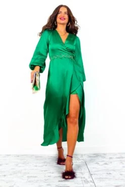 Take Me Out - Emerald Satin Long Sleeve Wrap Maxi Dress -Fashion Clothing Store TakeMeOut EmeraldSatinLongSleeveWrapMaxiDress 3