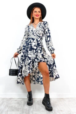 Take The Hint - Navy Ecru Wrap Midi Dress -Fashion Clothing Store TakeTheHint NavyWhiteWrapMidiDress1
