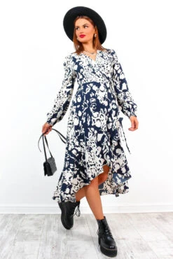 Take The Hint - Navy Ecru Wrap Midi Dress -Fashion Clothing Store TakeTheHint NavyWhiteWrapMidiDress2