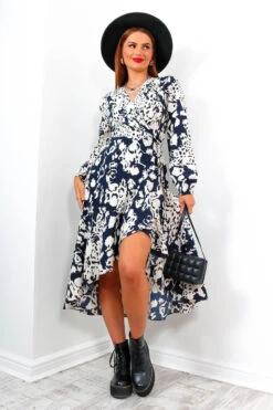 Take The Hint - Navy Ecru Wrap Midi Dress