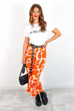 Tame Me - Orange Animal Print Gathered Midi Skirt -Fashion Clothing Store TameMe OrangeAnimalPrintGatheredMidiSkirt 1 8f349f67 18b3 45fa 9457 6876822e5132