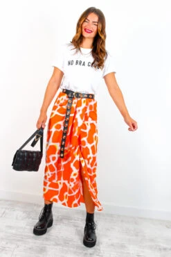 Tame Me - Orange Animal Print Gathered Midi Skirt -Fashion Clothing Store TameMe OrangeAnimalPrintGatheredMidiSkirt 2 e64c536d 607b 424e a5ca d19a331b3990