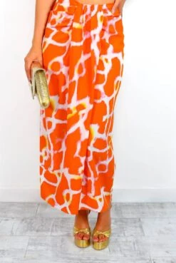Tame Me - Orange Animal Print Gathered Midi Skirt -Fashion Clothing Store TameMe OrangeAnimalPrintGatheredMidiSkirt 3
