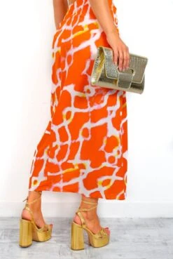 Tame Me - Orange Animal Print Gathered Midi Skirt -Fashion Clothing Store TameMe OrangeAnimalPrintGatheredMidiSkirt 4