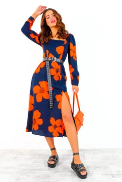 Thats My Opinion - Navy Orange Floral Midi Dress -Fashion Clothing Store That sMyOpinion NavyOrangeFloralMidiDress 2