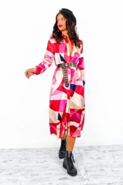 The Girl Is Sensational - Pink Abstract Print Midi Dress -Fashion Clothing Store TheGirlIsSensational PinkRetroPrintMidiDress6