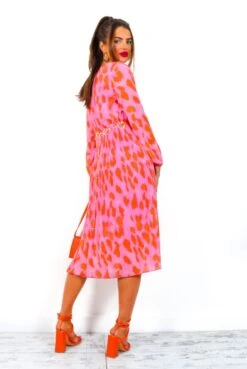 The Pleat Goes On - Pink Orange Animal Print Pleated Midi Dress -Fashion Clothing Store ThePleatGoesOn PinkOrangeAnimalPrintPleatedMidiDress