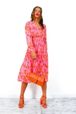 The Pleat Goes On - Pink Orange Animal Print Pleated Midi Dress -Fashion Clothing Store ThePleatGoesOn PinkOrangeAnimalPrintPleatedMidiDress 1