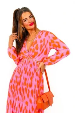 The Pleat Goes On - Pink Orange Animal Print Pleated Midi Dress -Fashion Clothing Store ThePleatGoesOn PinkOrangeAnimalPrintPleatedMidiDress 3
