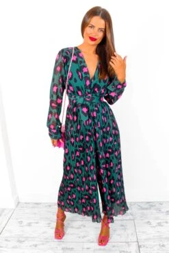 New Arrival 23 The Pleat Is On - Forest Fuchsia Leopard Pleated Jumpsuit