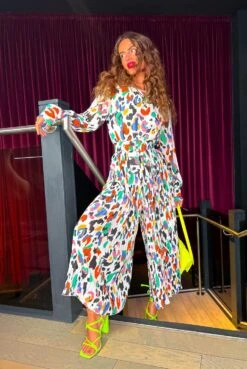 The Pleat Is On - White Multi Abstract Print Pleated Jumpsuit