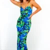 They Could Never - Cobalt Green Tropical Ruched Bodycon Maxi Dress