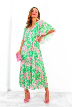 Timeless - Green Pink Animal Pleated Maxi Dress