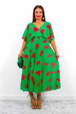 Timeless - Green Red Printed Pleated Maxi Dress -Fashion Clothing Store Timeless GreenRedPrintedPleatedMaxiDress1