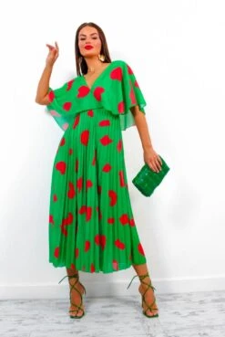 Timeless - Green Red Printed Pleated Maxi Dress -Fashion Clothing Store Timeless GreenRedPrintedPleatedMaxiDress2