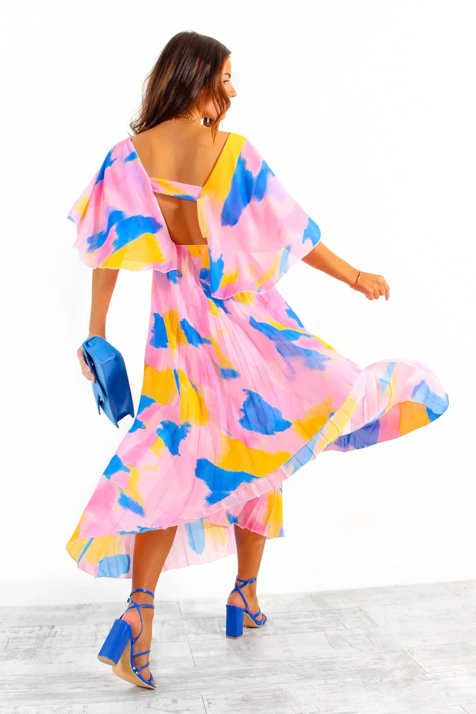 Timeless - Pink Blue Orange Abstract Pleated Maxi Dress 2 Timeless - Pink Blue Orange Abstract Pleated Maxi Dress - Image 2