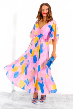 Timeless - Pink Blue Orange Abstract Pleated Maxi Dress 8 Timeless - Pink Blue Orange Abstract Pleated Maxi Dress -Fashion Clothing Store Timeless PinkBlueOrangeAbstractPleatedMaxiDress 8