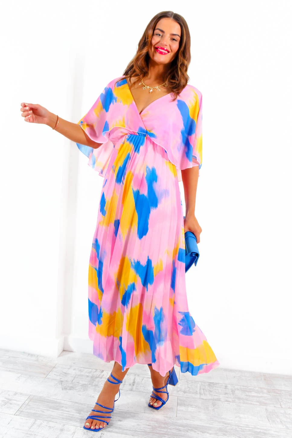 Timeless - Pink Blue Orange Abstract Pleated Maxi Dress 5 Timeless - Pink Blue Orange Abstract Pleated Maxi Dress - Image 5
