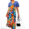 Together Forever - Blue Orange Floral Animal Midi Dress