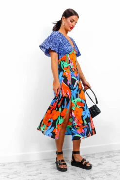 Together Forever - Blue Orange Floral Animal Midi Dress -Fashion Clothing Store TogetherForever BlueOrangeFloralAnimalMidiDress 7