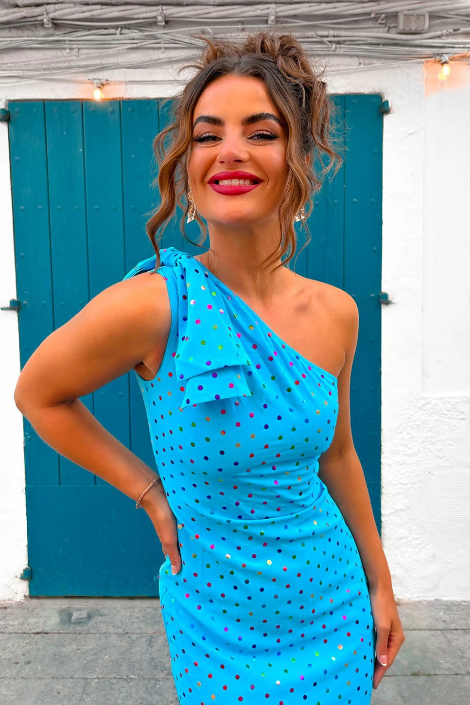 Upgrade You - Turquoise Multi Spot One Shoulder Maxi Dress 3 Upgrade You - Turquoise Multi Spot One Shoulder Maxi Dress - Image 3