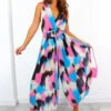 Use Your Pleat - Blue Pink Monochrome Abstract Print Pleated Jumpsuit