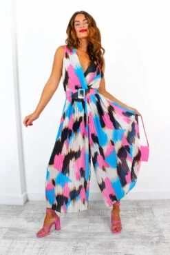 Use Your Pleat - Blue Pink Monochrome Abstract Print Pleated Jumpsuit