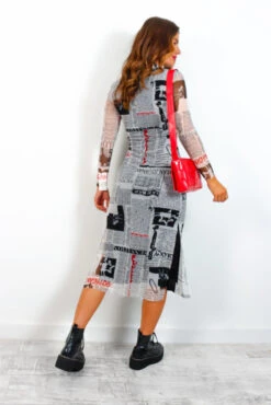 Utterly Obsessed - Black White Newspaper Print Mesh Midi Dress 15 Utterly Obsessed - Black White Newspaper Print Mesh Midi Dress -Fashion Clothing Store UtterlyObsessed BlackWhiteNewspaperPrintMeshMidiDress 6