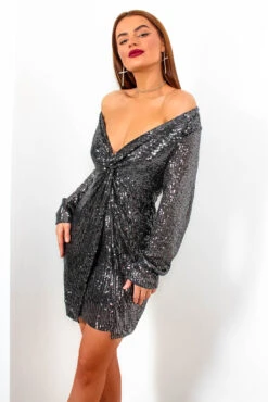 VIP List - Pewter Sequin Deep V-Neck Mini Dress -Fashion Clothing Store VIPList PewterSequinDeepV NeckMiniDress5