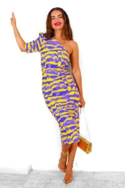 Wanderin Free - Lilac Yellow Abstract One Shoulder Midi Dress -Fashion Clothing Store Wanderin Free LilacYellowAbstractOneShoulderMidiDress 1