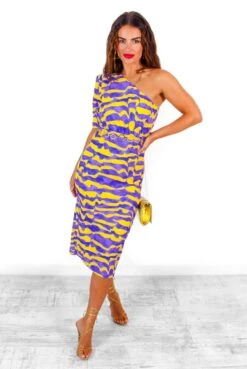 Wanderin Free - Lilac Yellow Abstract One Shoulder Midi Dress -Fashion Clothing Store Wanderin Free LilacYellowAbstractOneShoulderMidiDress 3