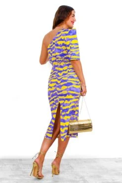 Wanderin Free - Lilac Yellow Abstract One Shoulder Midi Dress -Fashion Clothing Store Wanderin Free LilacYellowAbstractOneShoulderMidiDress 4