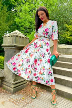 Watch Her Bloom - White Floral Pleated Midi Dress