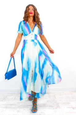 We Meet Again - White Blue Tie Dye Lurex Midi Dress
