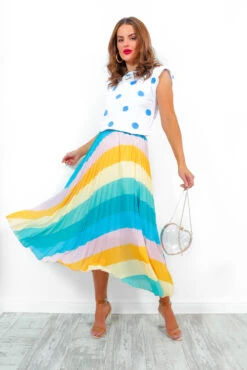 Well Pleat Again - Blue Multi Stripe Midi Skirt