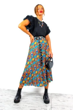 Well Pleat Again - Blue Orange Multi Snake Print Pleated Midi Skirt