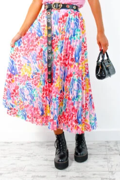 Well Pleat Again - Pink Multi Floral Midi Skirt -Fashion Clothing Store We llPleatAgain PinkMultiFloralMidiSkirt 1