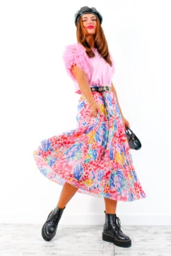Well Pleat Again - Pink Multi Floral Midi Skirt -Fashion Clothing Store We llPleatAgain PinkMultiFloralMidiSkirt 3