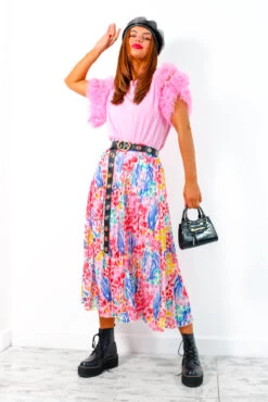 Well Pleat Again - Pink Multi Floral Midi Skirt -Fashion Clothing Store We llPleatAgain PinkMultiFloralMidiSkirt 4