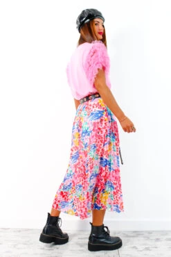 Well Pleat Again - Pink Multi Floral Midi Skirt -Fashion Clothing Store We llPleatAgain PinkMultiFloralMidiSkirt 6