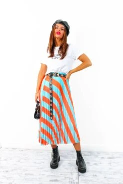 Well Pleat Again - Turquoise Orange Striped Midi Skirt -Fashion Clothing Store We llPleatAgain TurquoiseOrangeStripedMidiSkirt 1