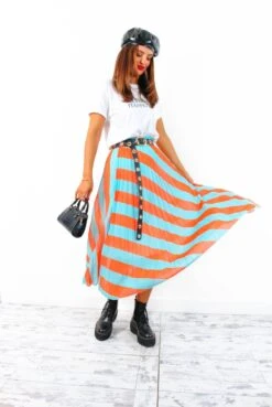 Well Pleat Again - Turquoise Orange Striped Midi Skirt -Fashion Clothing Store We llPleatAgain TurquoiseOrangeStripedMidiSkirt 2