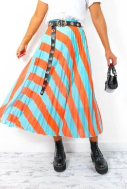 Well Pleat Again - Turquoise Orange Striped Midi Skirt -Fashion Clothing Store We llPleatAgain TurquoiseOrangeStripedMidiSkirt 6