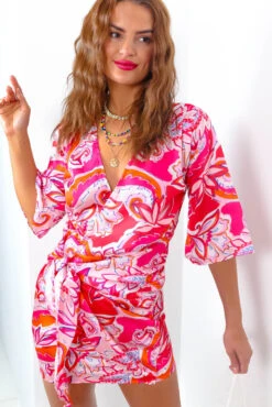 What A Breeze - Hot Pink Print Wrap Dress -Fashion Clothing Store WhatABreeze HotPinkPrintWrapDress4