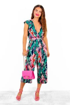 AX Paris What I Want - Green Multi Abstract Ruffle Jumpsuit