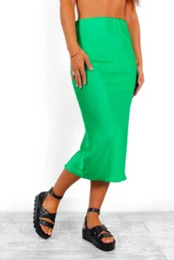 Who, Me? - Green Satin Midi Skirt -Fashion Clothing Store Who Me GreenSatinMidiSkirt 3