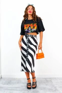 Who, Me? - White Black Diagonal Stripe Satin Midi Skirt