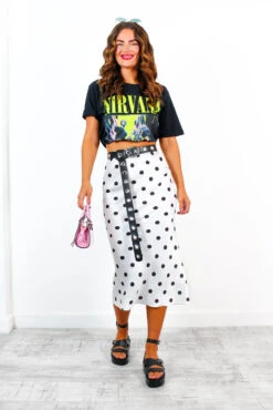 Who, Me? - White Black Polka Dot Satin Midi Skirt
